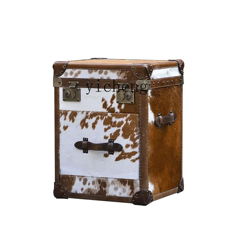 American milk cowhide box coffee table rural retro bedside table edge leather
