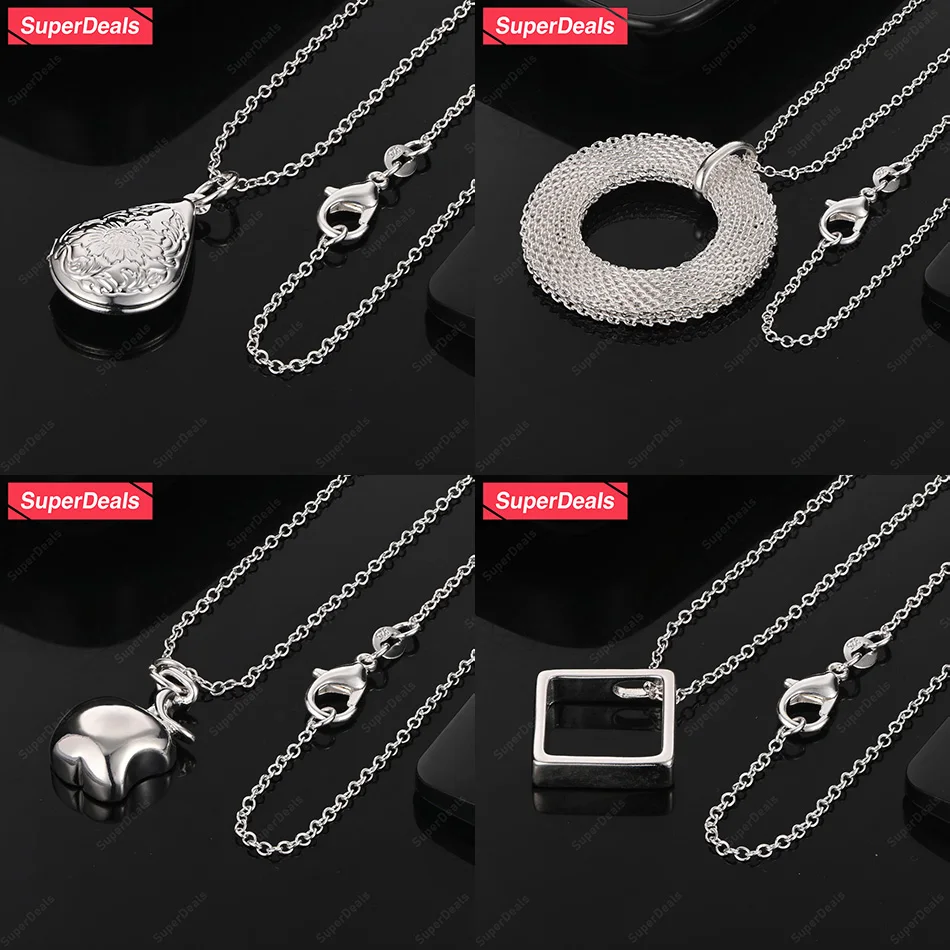 

SuperDeals 925 Sterling Silver Water Drop Apple Square Round Pendant Necklace For Women Engagement Party Fashion Charm Jewelry