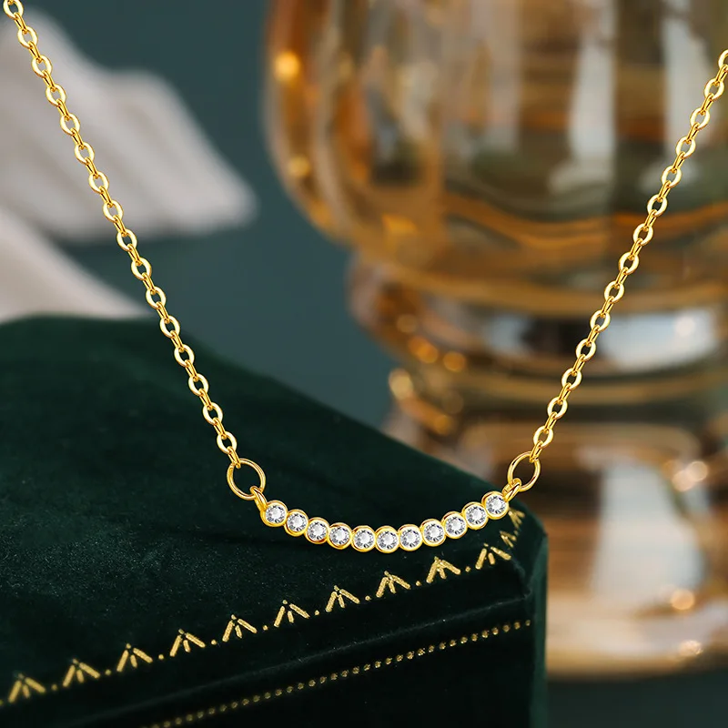 925 Silver Simple High Grade Sparkling Zircon Smile Necklace Gold Plated Color Chain Women's Birthday Party Gift