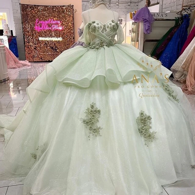 ANGELSBRIDEP Sábio Verde Vestido Quinceanera 15 Anos de Idade Mexicano Menina Partido Lace Apliques Flores Espartilho Vestidos De Quinceañera