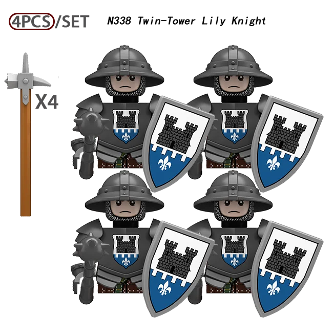 MOC Mittelalterliche Burgturm-Ritterfiguren Bausteine Waffen Schild Schwert Helme Rüstung Weste Hirsch Soldaten Armee Bausteine Spielzeug