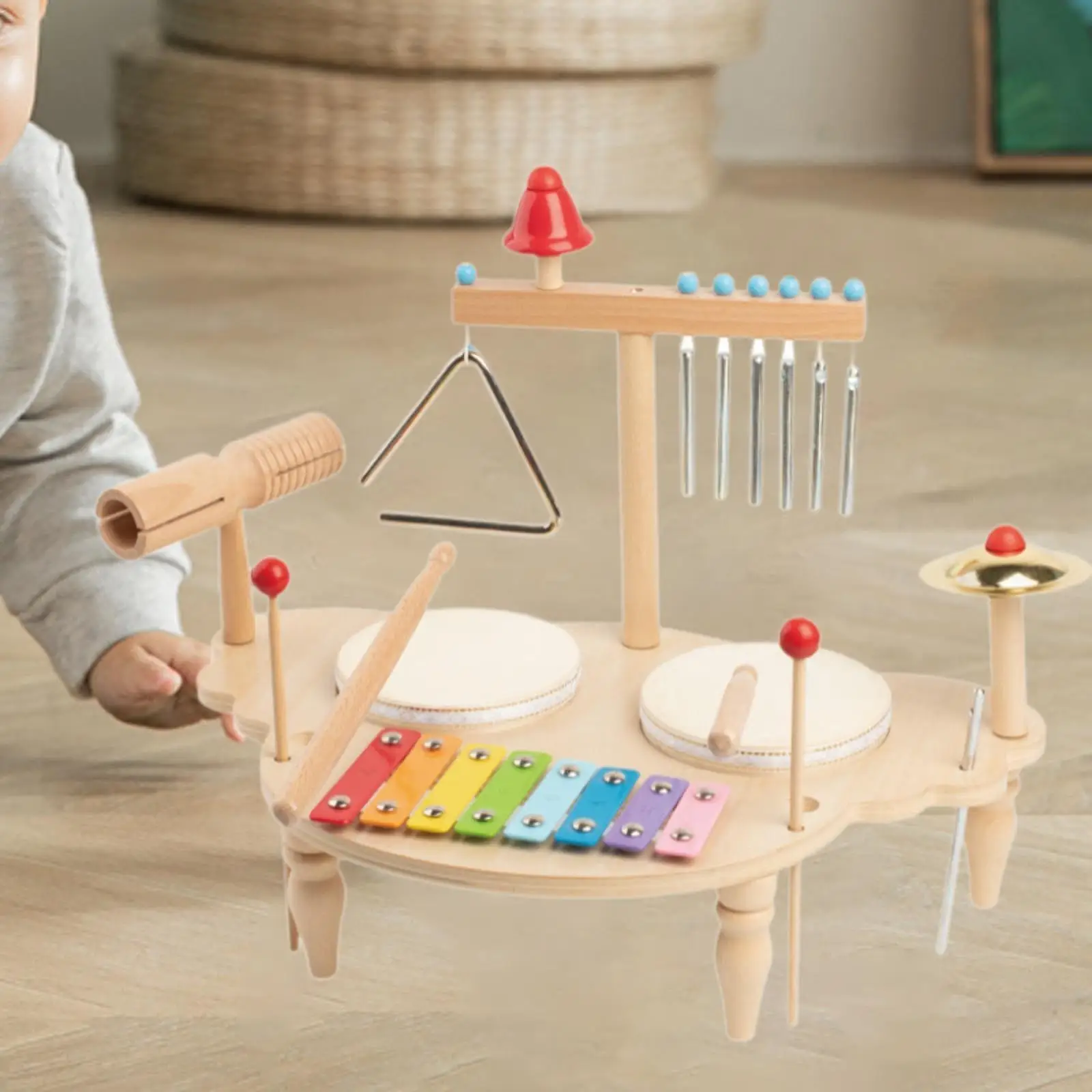 เครื่องดนตรีไม้เด็กกลองชุดเครื่องดนตรี Montessori สําหรับอายุ 3 4 5 6 ปี