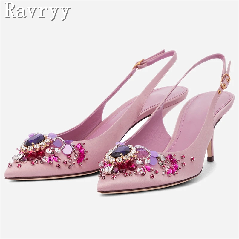 

Pointy Toe Crystal Pumps Slingback Pure Sweet Pink Stiletto Heel Women Dress Shoe Shallow 6Cm Medium Heel Elegant Single Shoe