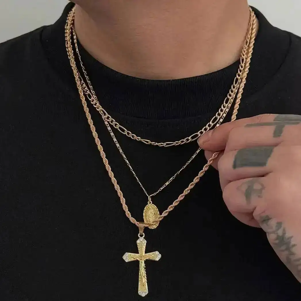 

KunJoe 3 Pcs/Set Hip Hop Punk Jesus Cross Pendant Necklace Men Trendy Gold Color Twisted Adjustable Clavicle Chain Jewelry Gift