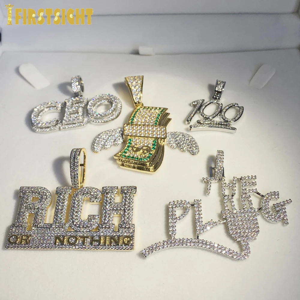 Iced Out Bling CZ Letter Rich Money Pendant Necklace Cubic Zirconia Silver Color CEO Badge Charm Men Fashion Hip Hop Jewelry