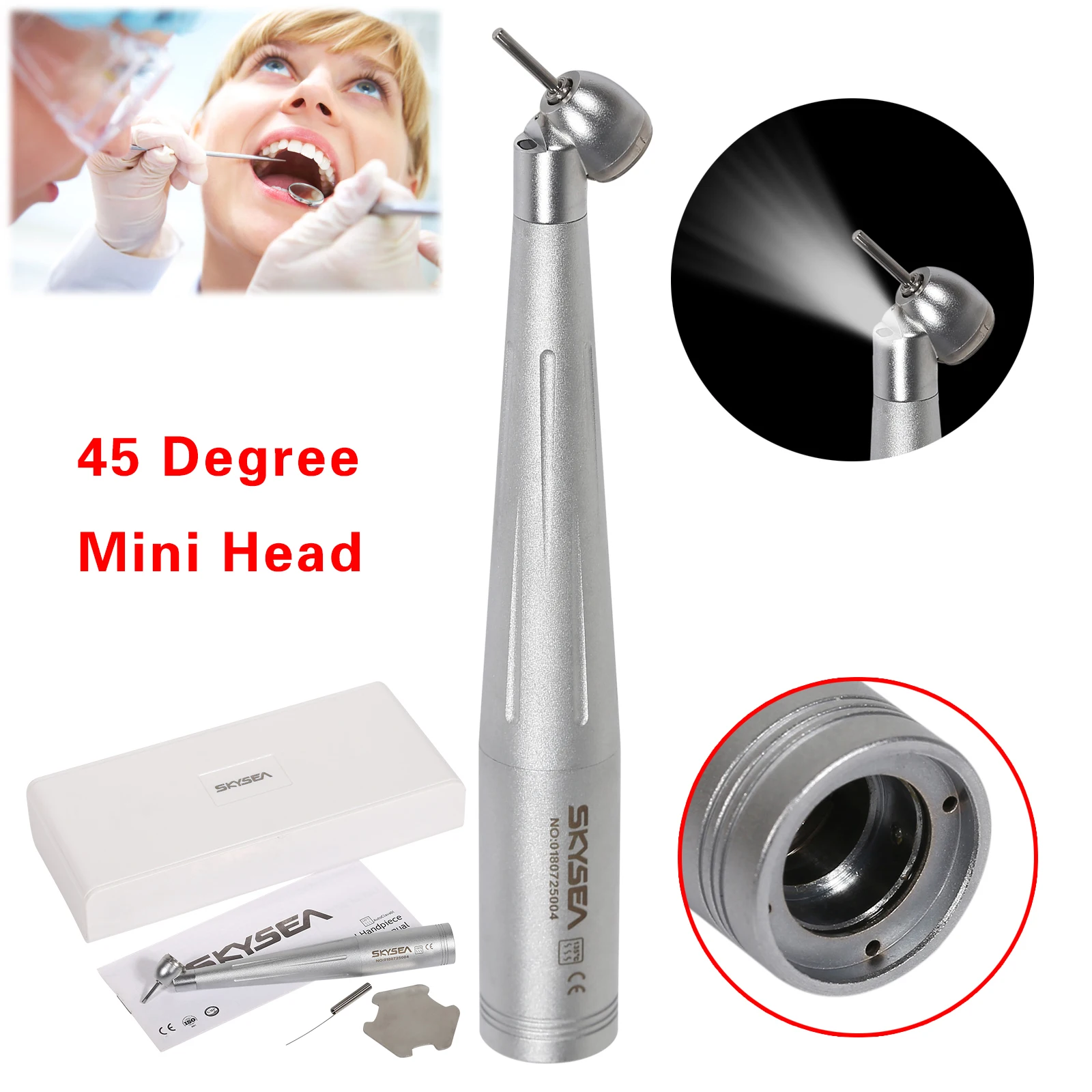 Dental High Speed Handpiece LED 45 Degree Mini Head 4 Water Spray Turbine Stainless Bearing push button for 4/6 Hole Coupler kid