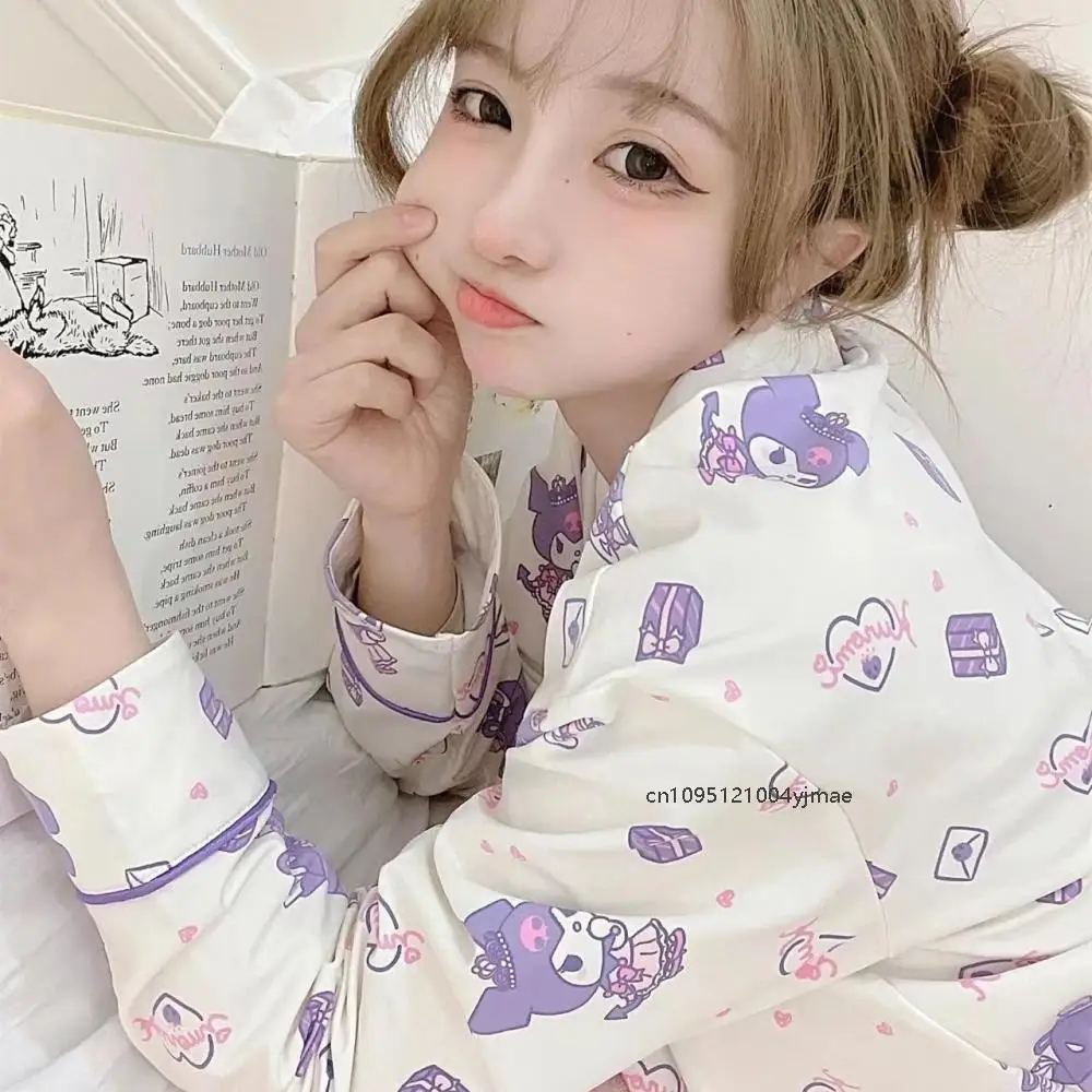 

2Pcs Kuromi Cinnamoroll Woman Pajamas Set Anime Sanrio Kawaii Cartoon Loose Sleepwear Pajamas Sets Girl Long Sleeves Home Wear