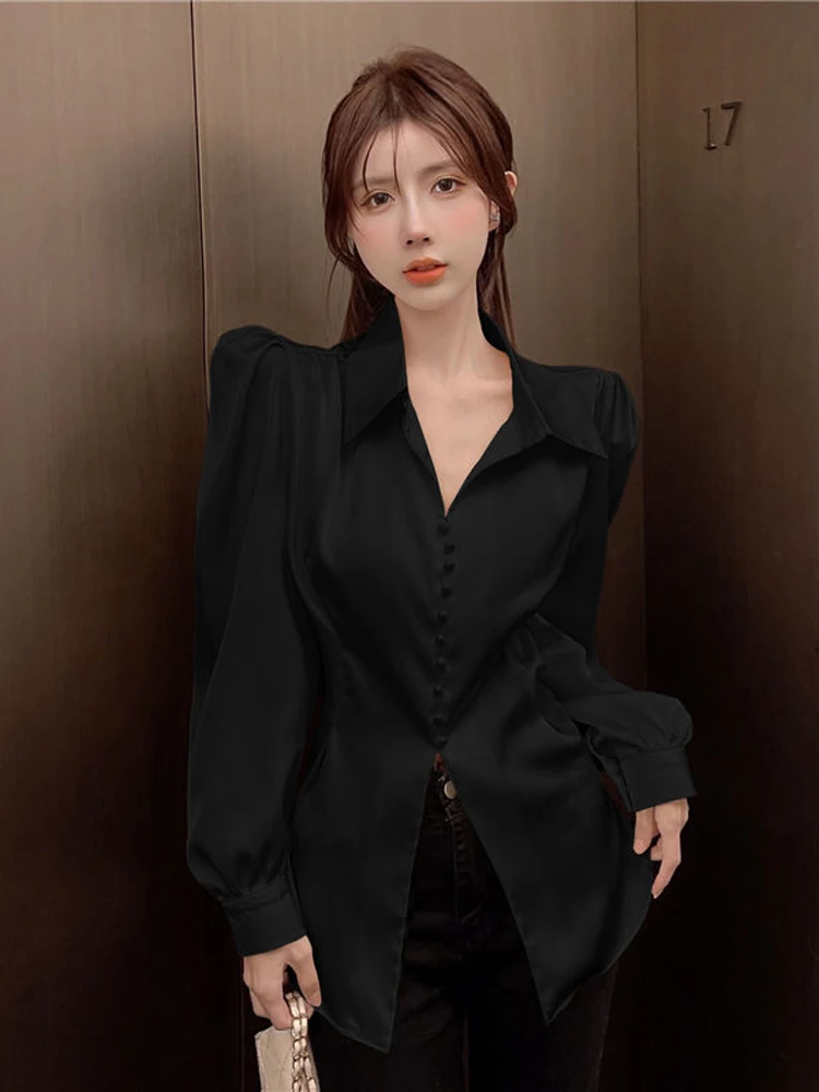 Zoki Women Back Bow Elegant Puff Sleeve Shirt Fashion Slim Office Lady Casual Blouse Korean Hollow Out Turn Down Collar Tops