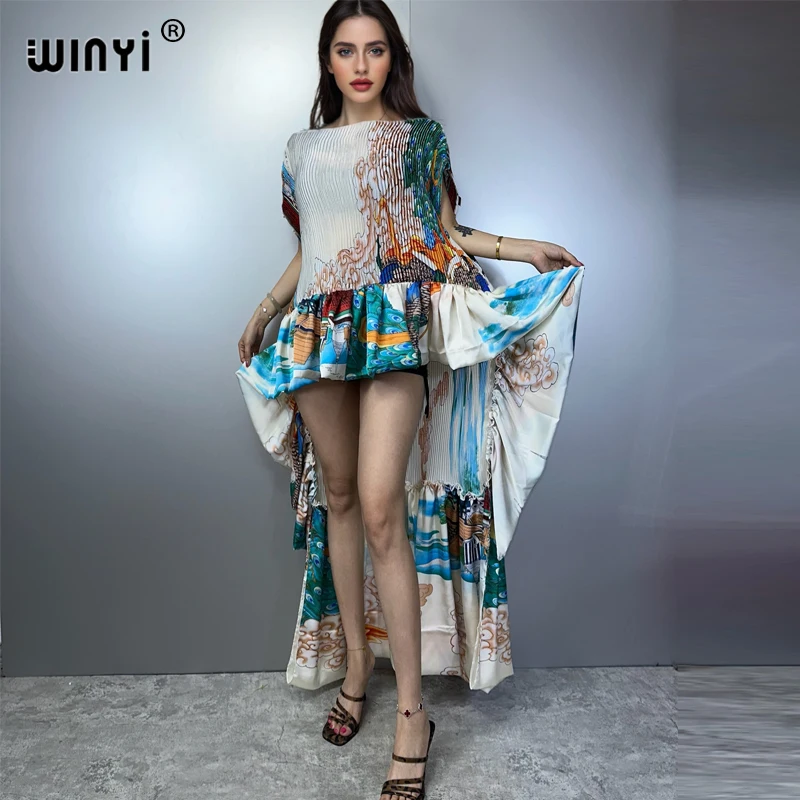 WINYI summer Pleated Elastic party dress elegant beach cover up maxi kaftan abaya dubai luxury party dresses boho evening dress