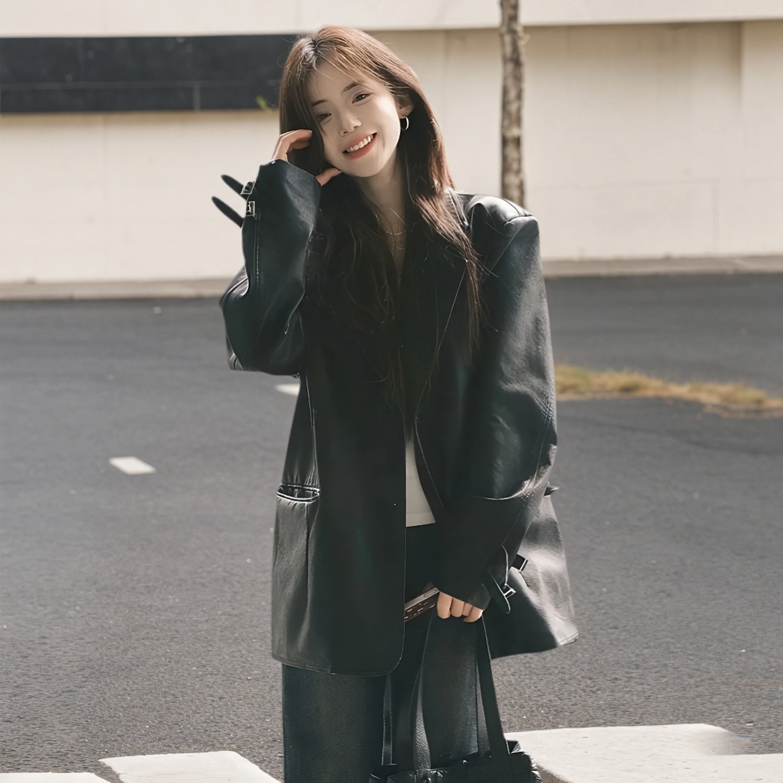 

Bla Leather Jaet Women's ort Sle Retro Faion PU Leather Long Sve Warm Coat for Teenagers Autumn New Arrival