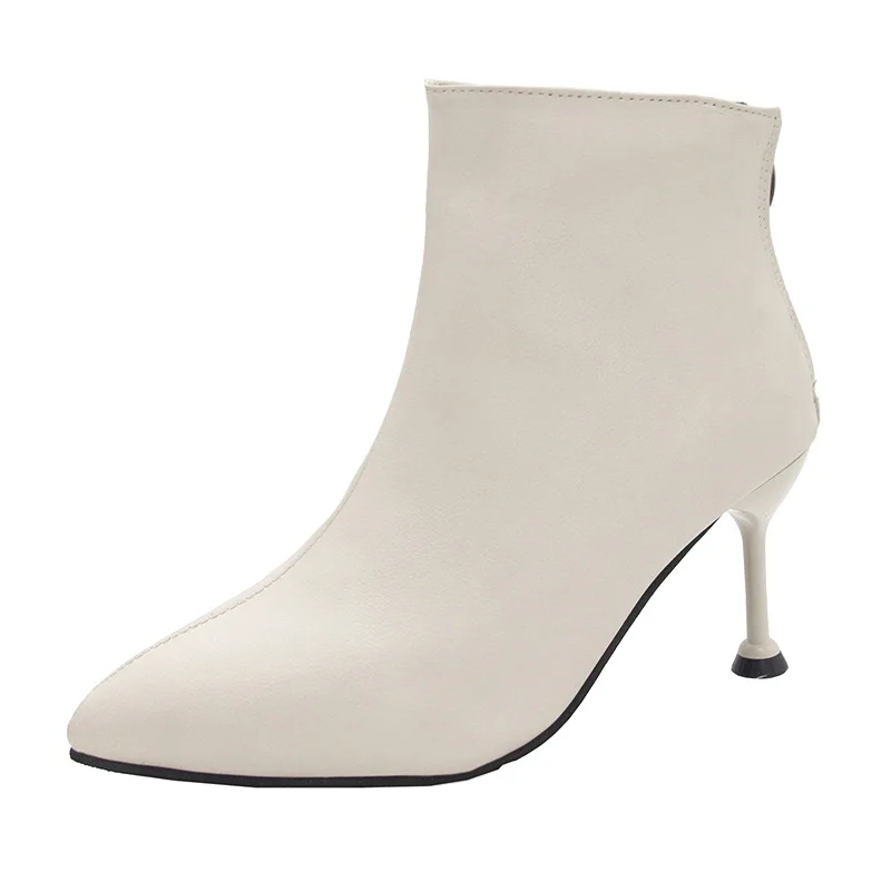 Damen-Stiefel im französischen Stil, Nische, spitze Zehen, Stiletto, kurze Stiefel, Katzenabsatz, gebrochenes Weiß, schmale Stiefel, Großhandel, Winter-High-Heels