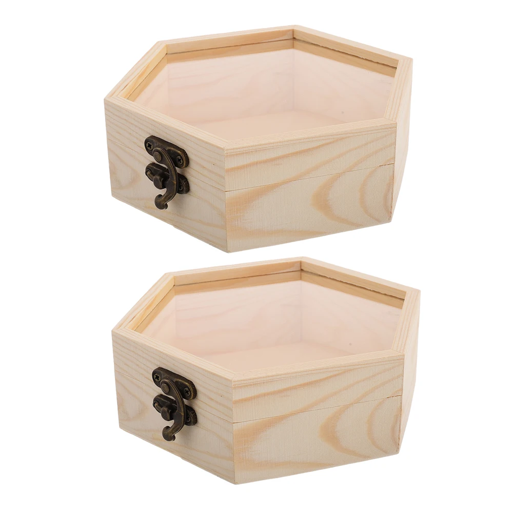 

2pcs Wooden Box Vintage Jewelry Organizer Storage Container Decor Packing Hexagonal Glass Lid Dry Flower Display Case