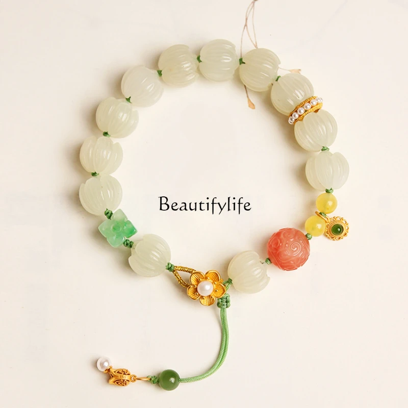 Natural Hetian Jade Bracelet Girls Lotus Beads Bracelet with South Red Fret Beads Jade