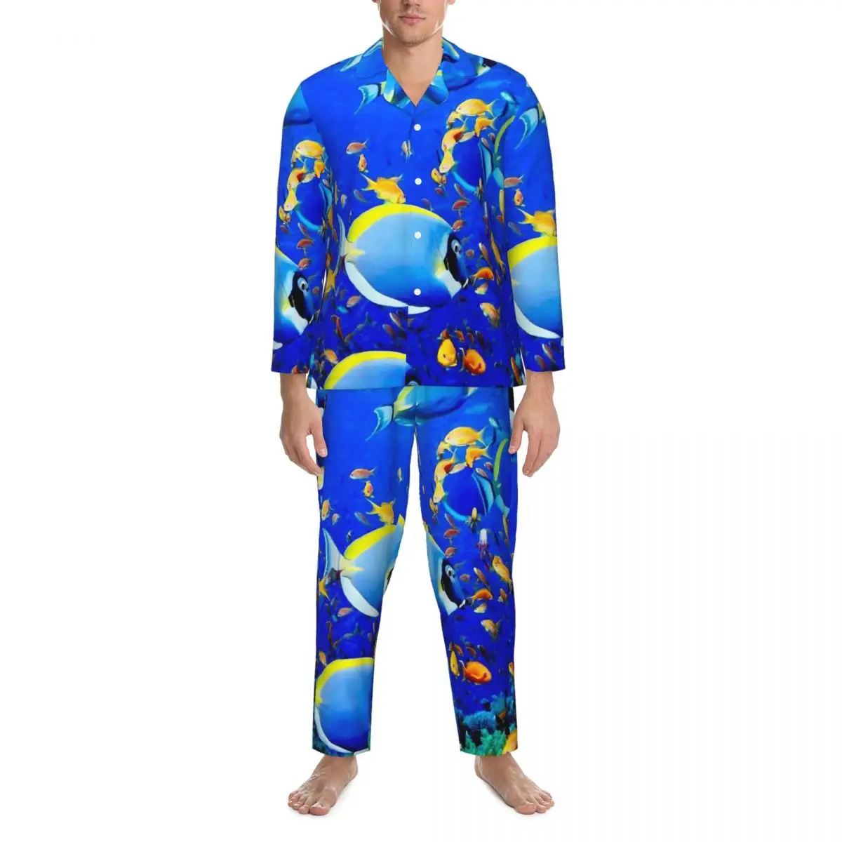 Pajamas Men Tropical Marine Daily Sleepwear Colorful Fish Print 2 Piece Vintage Pajama Sets Long Sleeves Soft Oversize Home Suit