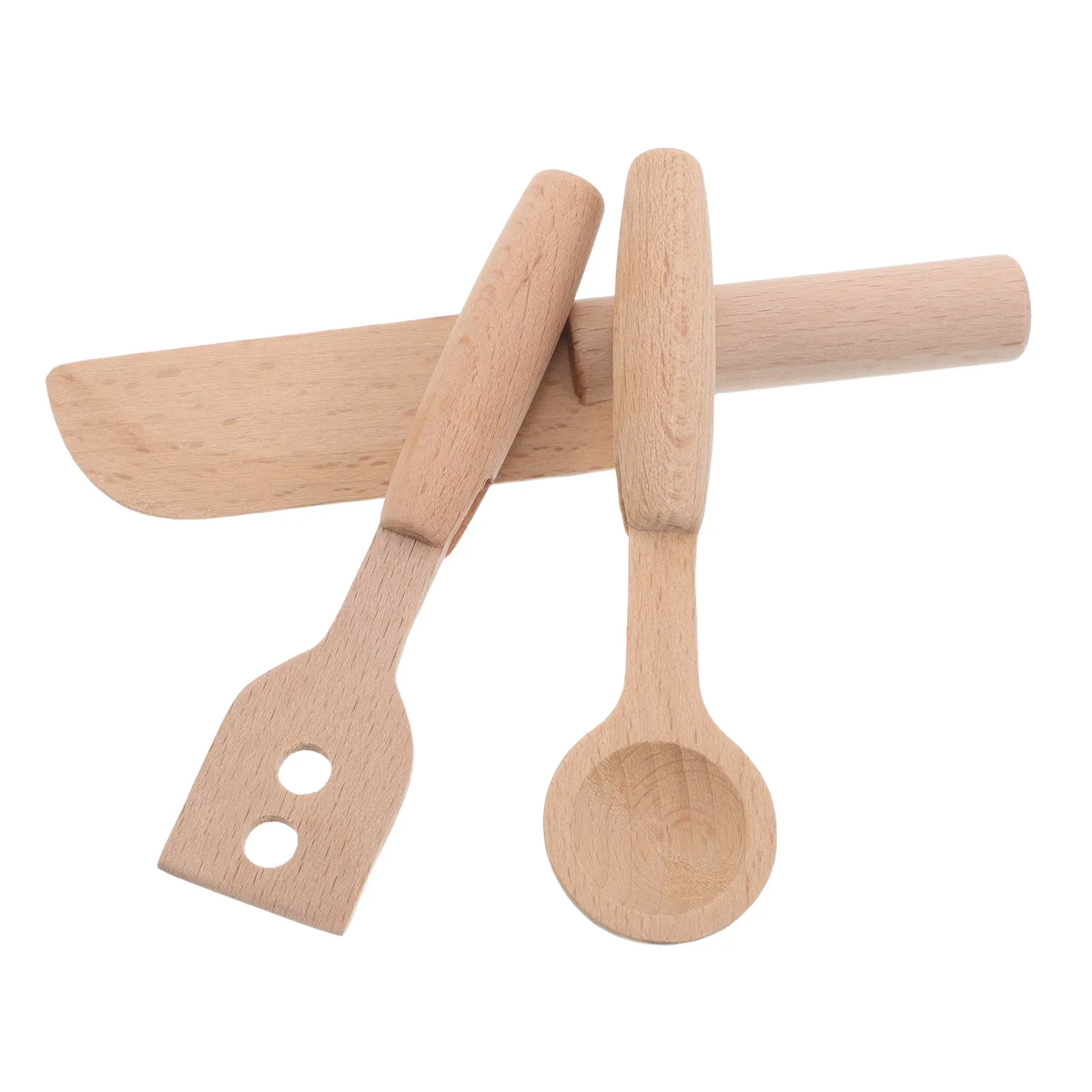 3Pcs Wooden Toddler Kitchen Tools Set Pretend Cooking Utensils Realistic Design Safe Rounded Edges Fine Motor Skills Development