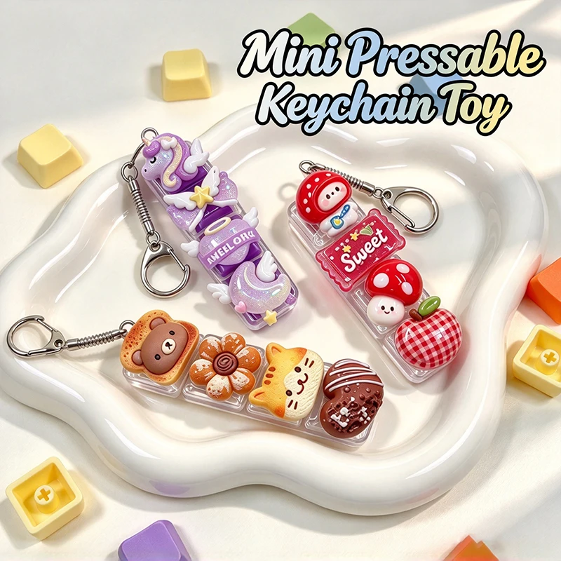 Cartoon 4 Key Pressable Mechanical Keychain Fidget Toy ASMR Click Sound Portable Sensory Stress Relief Pendant for Autism ADHD
