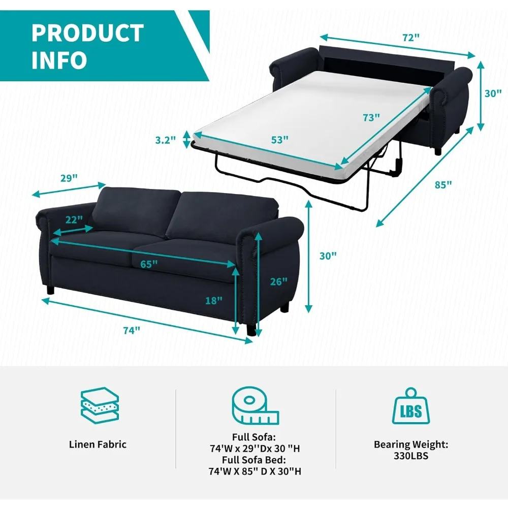 Pull Out Sofa Bed, 2-in-1 Convertible Pullout Couch with Foldable Memory Foam Mattress