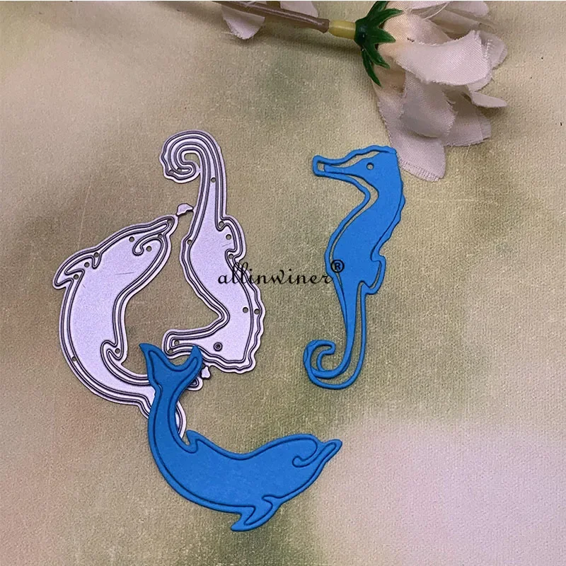 2Pcs Seahorse dolphin Metal Cutting Dies Stencils Die Cut for DIY Scrapbooking Album Paper Card Embossing