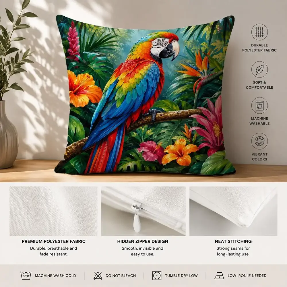 Tropical Parrot Colorful Jungle Floral Boho Cushion Cover Square Decorative Sofa Cushion Cover Bedroom Living Room Home Decor