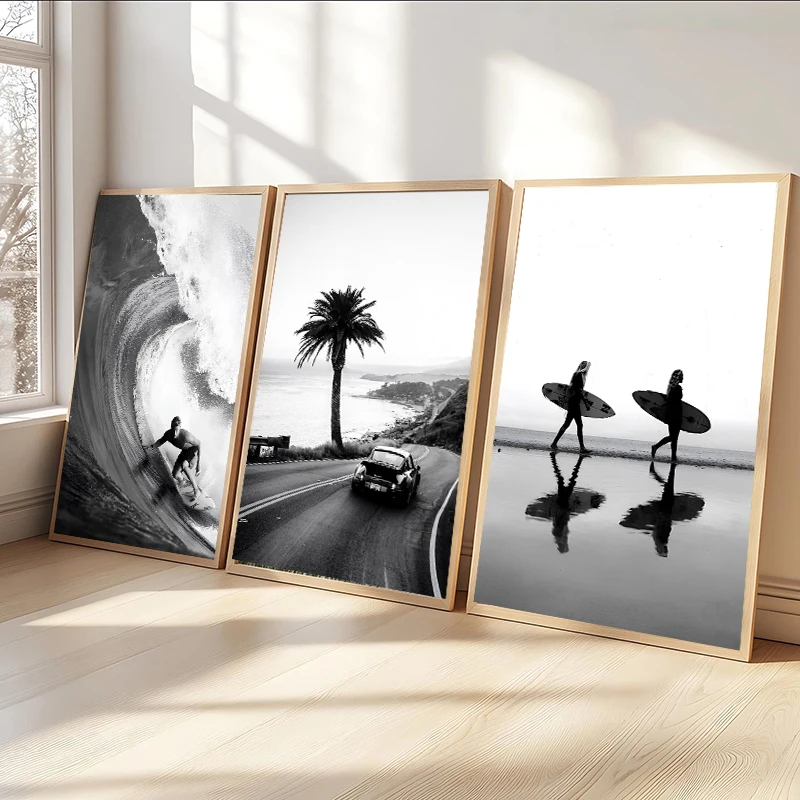 Black White Sea Beach Palm Tree Car Surfer Beach Surfboard Girl Vintage Posters Canvas Painting  Prints Room Home Decor