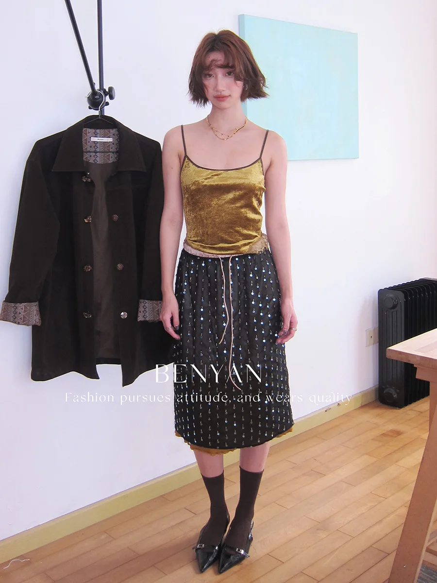 

Изысканная бархатная юбка с пайетками, эластичная, с драпировкой, в форме А-силуэта, для вечерних выходов