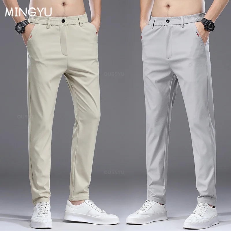 Mingyu Brand Summer Thin Casual Pants Men Stretch Slim Fit Elastic Waist Business Classic Korean Khaki Light Gray Trousers Male