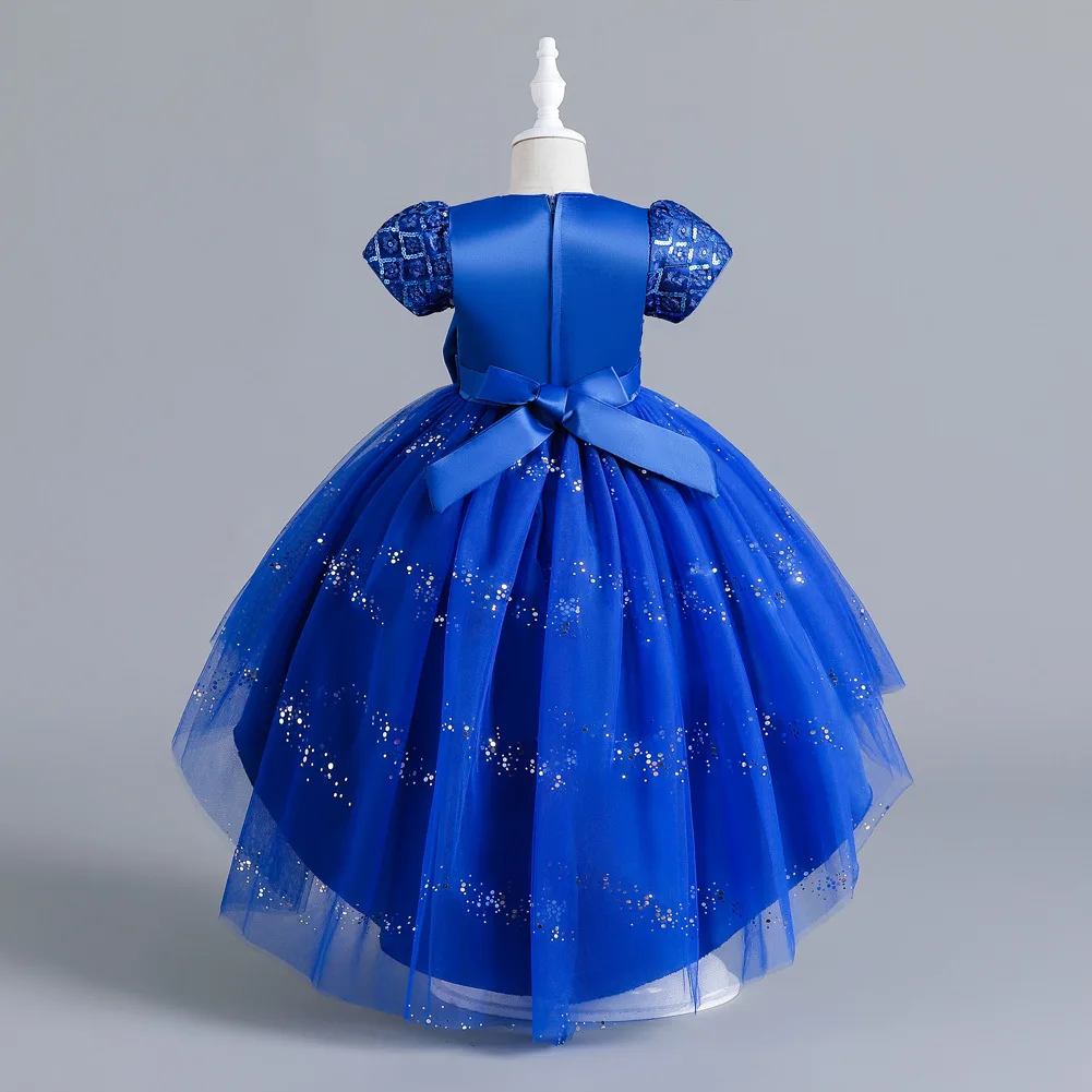 Girls Sequin Puffy Tutu High Low Bow Belted Kids Princess Dress Performance Evening Christmas Dress