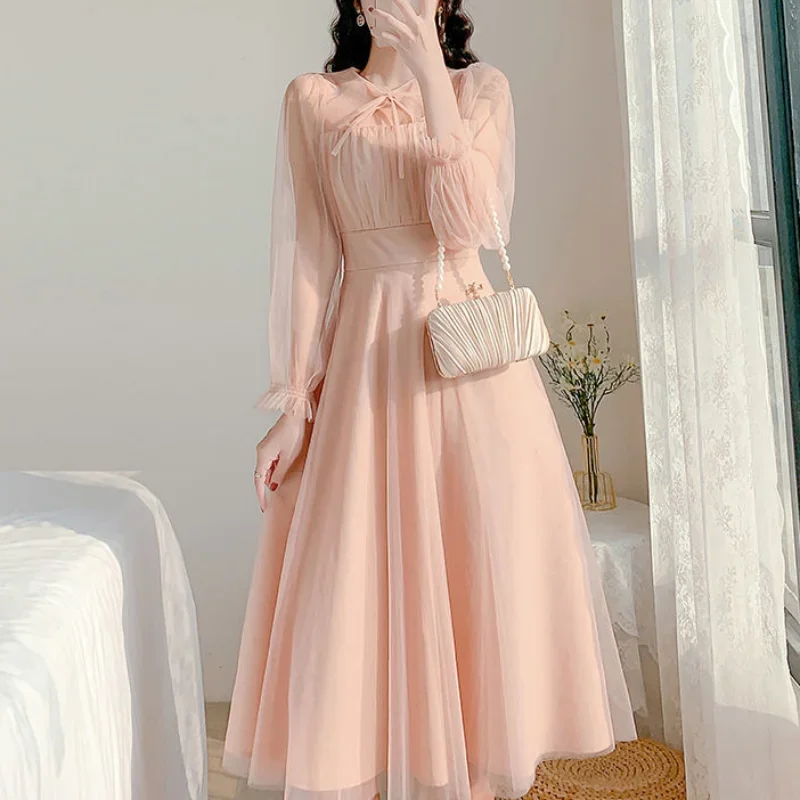 Spring New French Fairy Gauze Dress Pink Round Neck Bow Drawstring Gentle Style Slim Patchwork Long Sleeved Dresses CY177