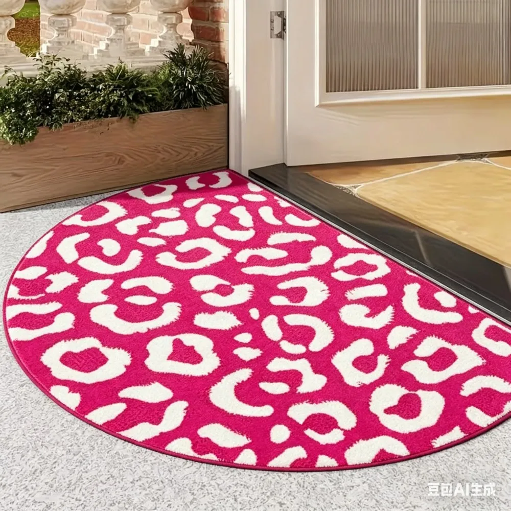 Hot Pink Leopard Print Semicircle Door Mat Fashion Animal Pattern Welcome Rug Anti-Slip Entrance Floor Mat for Home Porch Decor
