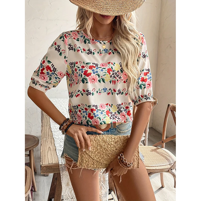 Spring and summer new fashion printed women\'s short sleeve flower shirt no rules design women\'s loose casual shirt sweet wind ro