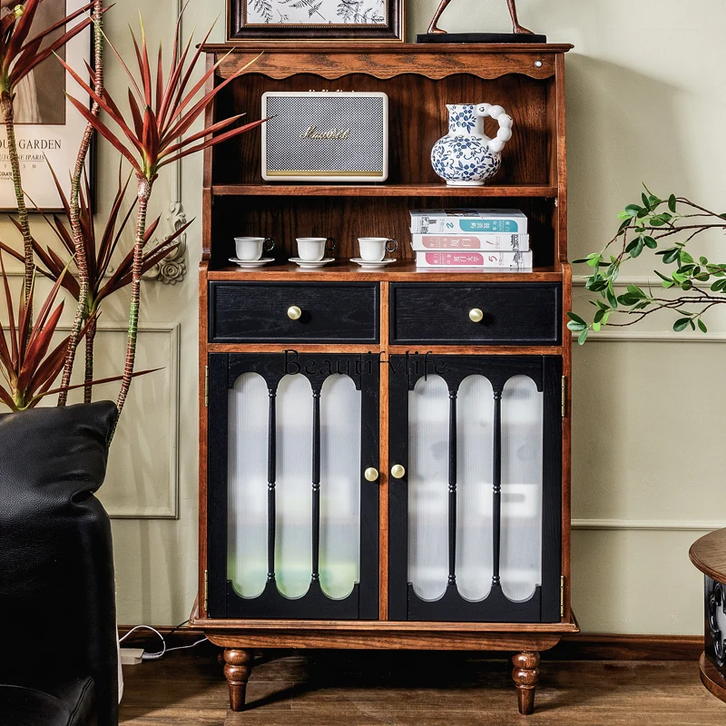 

French retro medieval style solid wood dining side cabinet, living room integrated storage locker against the wall