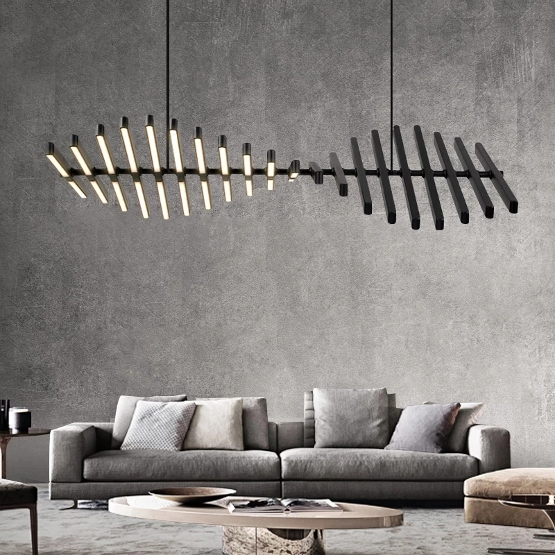 Simple Living Room LED Pendant Lamp Modern Restaurant Chandelier Lighting Linear Fish Bone Shape Office Strip Lamp