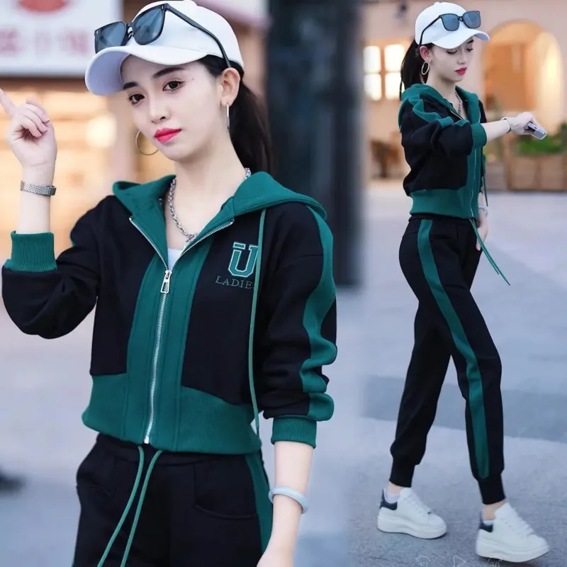 Women\'s Spring Autumn Hooded Sports Suit 2024 New Popular Fashion Leisure Cotton Zipper Jacket Corp Tops And Pants Two Piece Set