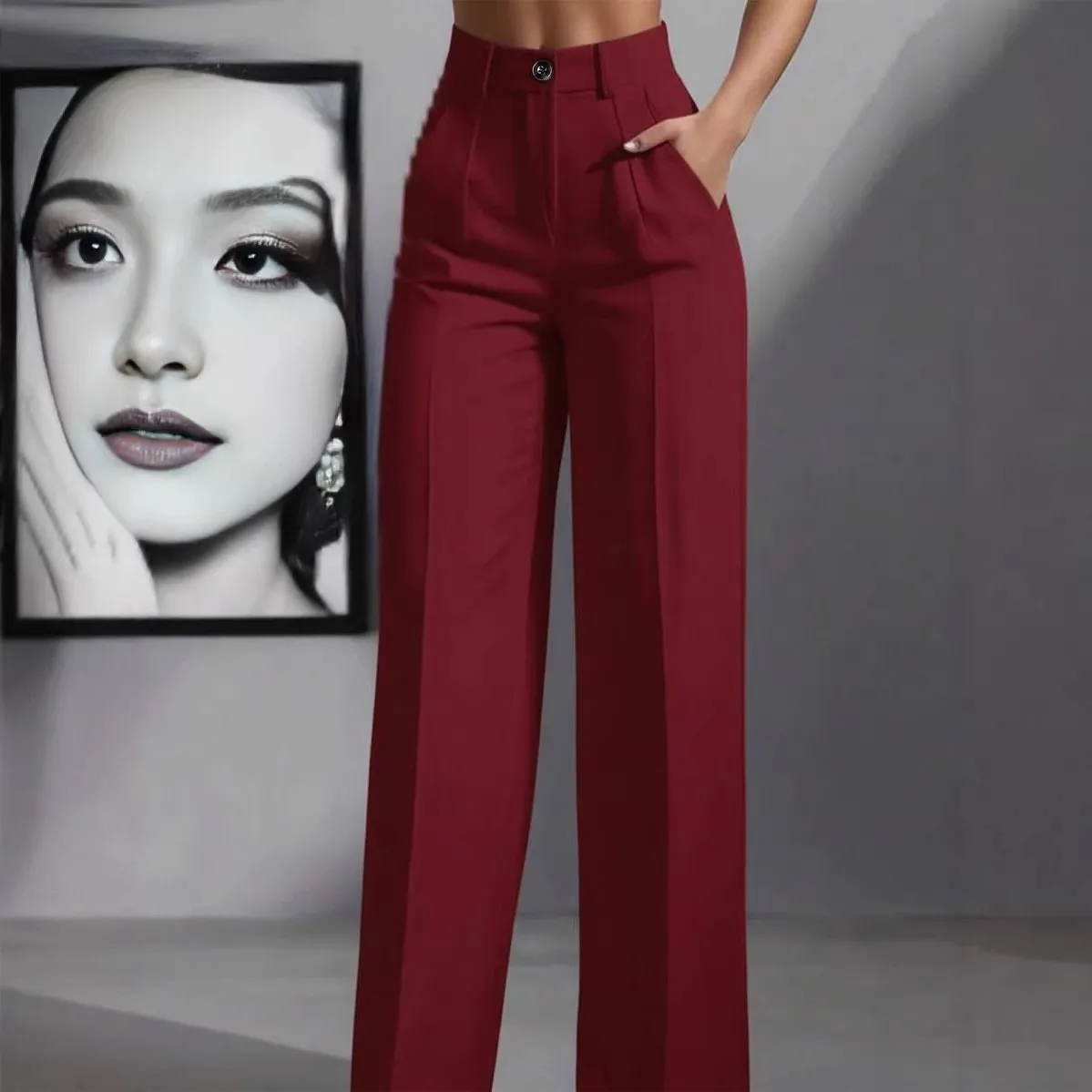 Straight Leg High Waist Pants Full Length Casual with Regular Thickness Japanese and Korean Casual Autumn Suit Pants for Women