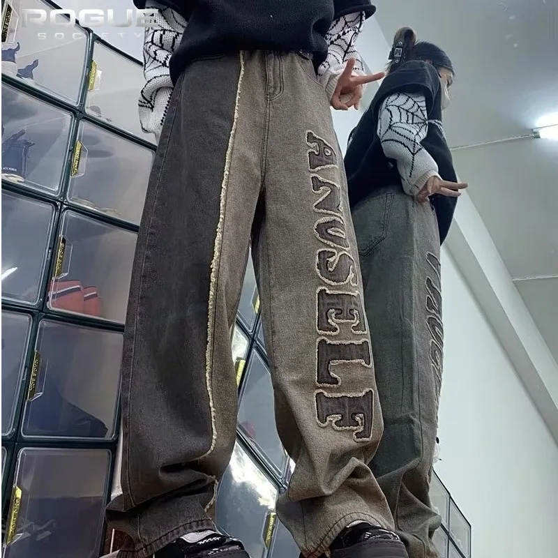 Streetwear Summer Letter Embroidered Patchwork Jeans Men Y2K Frayed Denim Pants Hip Hop Washed Harajuku Unisex Grunge Trousers