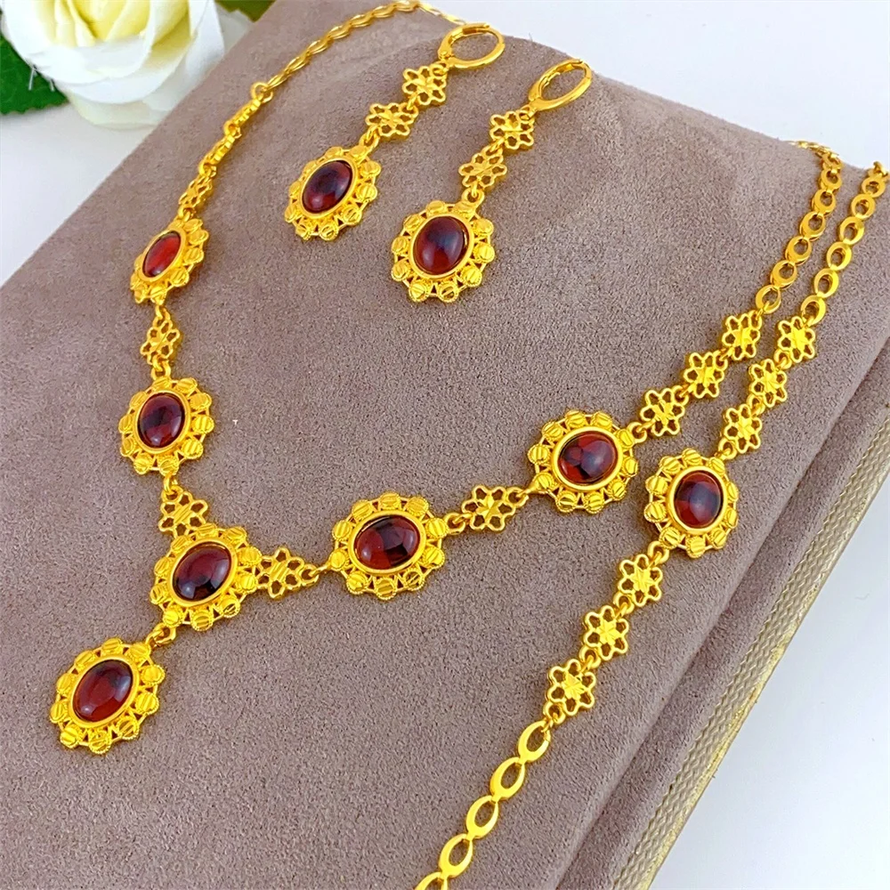 ESALE Nigerian Bride Three Piece Set of European and American Advanced Retro Gold Plated Ruby Jewelry