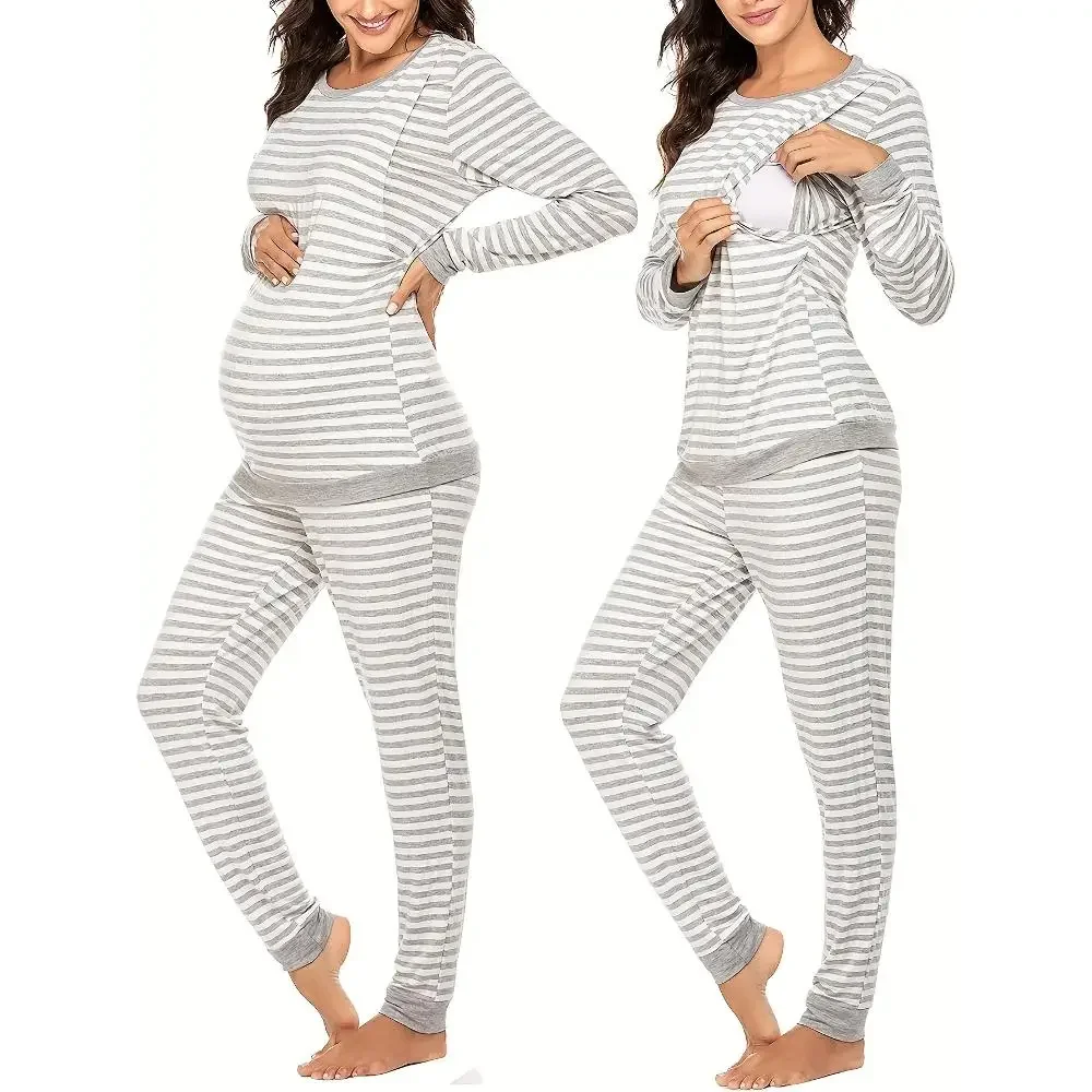Striped Nursing Pajama Set Soft Long Sleeve Postpartum Outfit