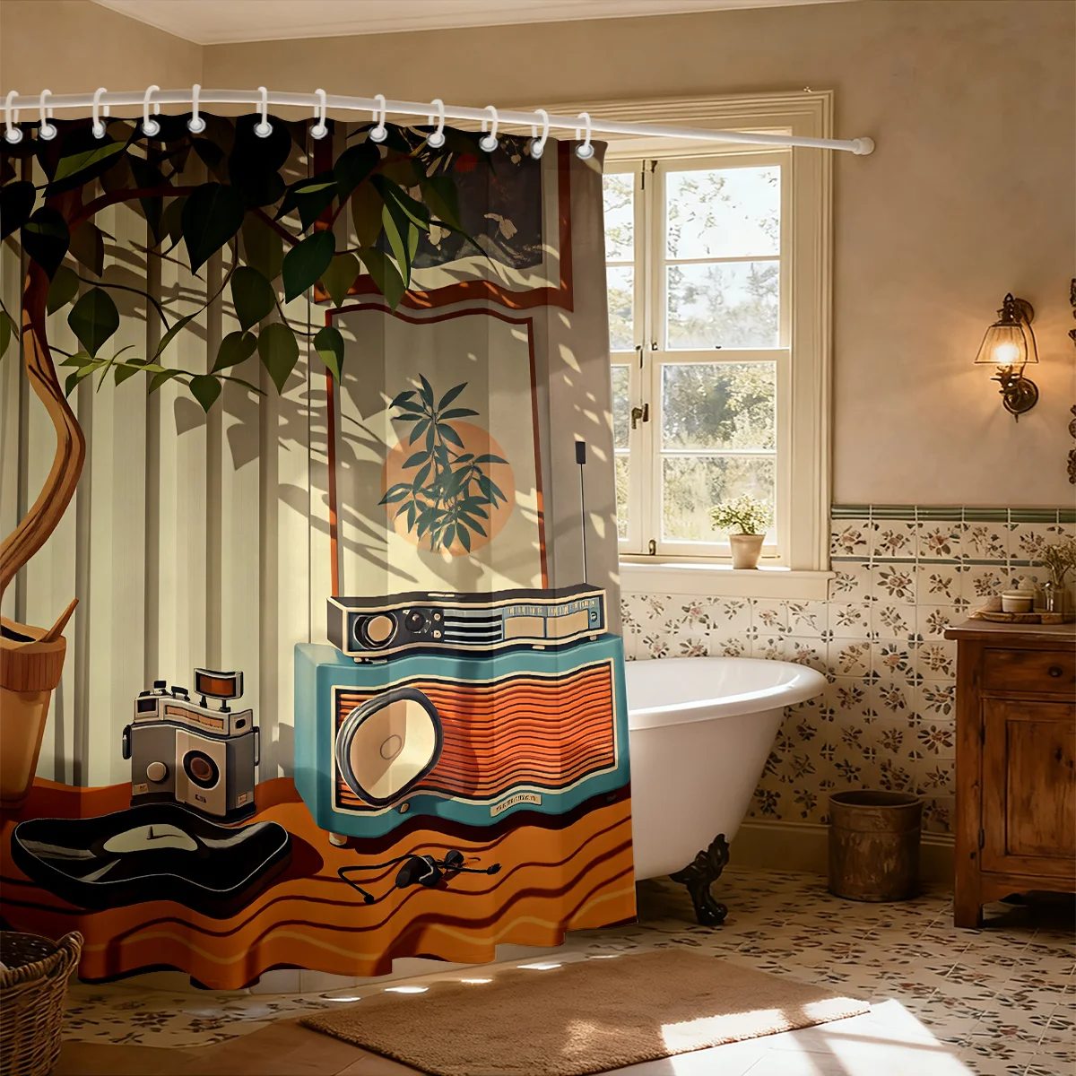 Retro Mid Century Style Shower Curtain Bathroom Decor Tropical Plants Stereo Vibes Fun Shower Curtain