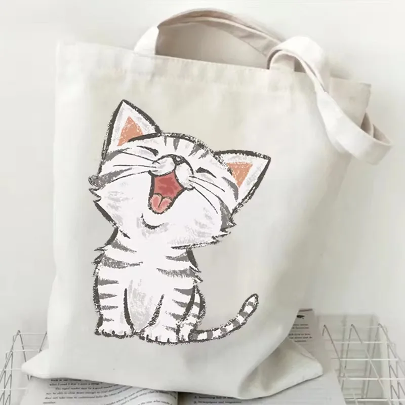 

Cute Cartoon Cat Pattern Fashionable Printed Canvas Bag Handbag Capacity Durable Eco Friendly Shoulder Bag