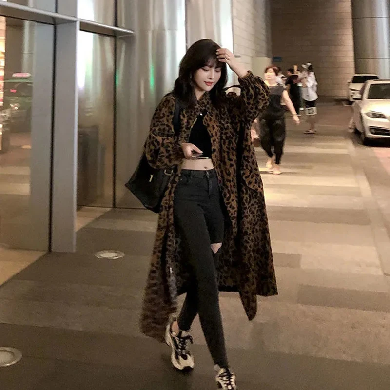 Vintage Leopard Print Women Midi Jacket Autumn Loose Streetwear Cargo Coats Y2K Korean Chic Long Sleeve Corduroy Zipper Outwear