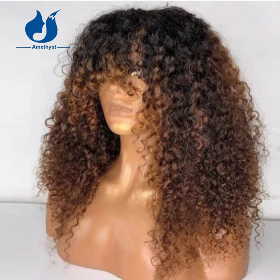 Amethyst Afro Kinky Curly Scalp Top Full Machine Made Human Hair Wig with Bangs For Women Brazilian Remy Bang Wig Ombre Brown