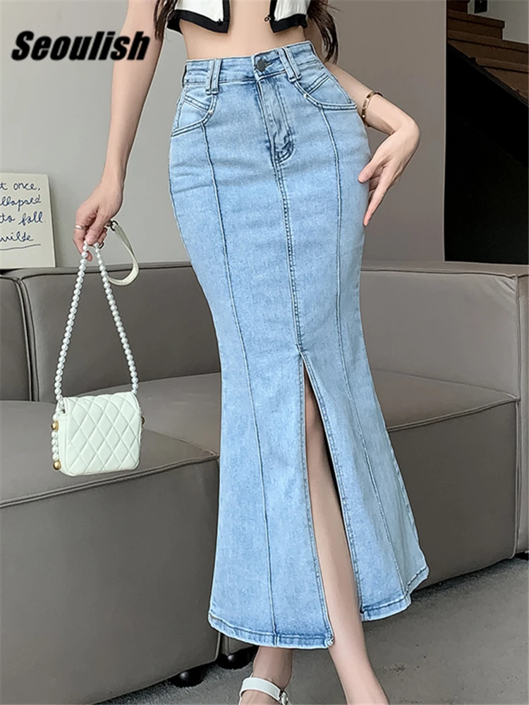 

Seoulish High Waist Front Split Women's Denim Mermaid Skirts Spring Summer Vintage Cowboy Jeans Fishtail Skirt Female 2023 New