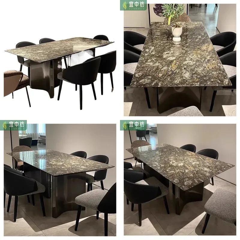 for Light Luxury Modern Dining Table and Chairs Set Platinum Diamond Stone Italian High End Marble Rectangular Household