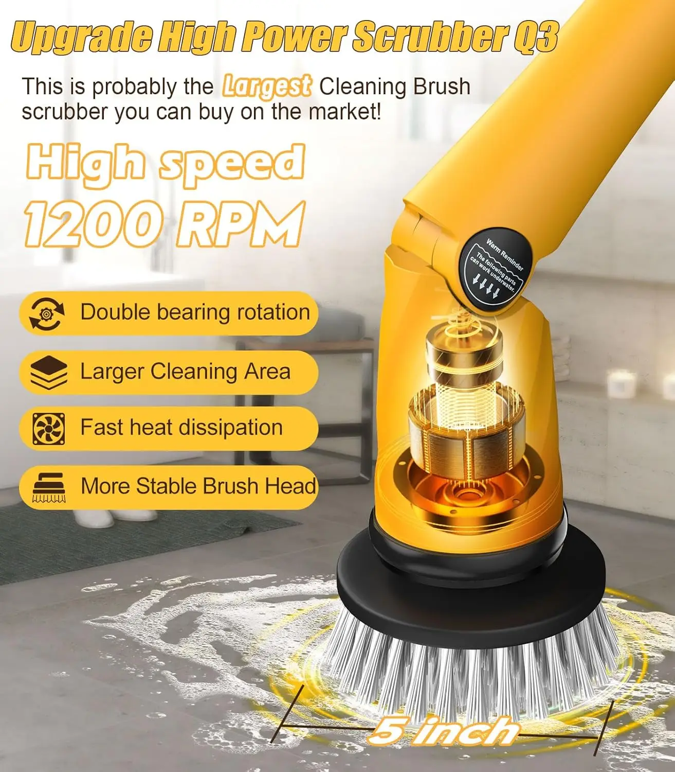 Electric Spin Scrubber Extra Large Brush Q3,6000 mAh Best Battery Power Scrubber for Cleaning,1200RPM Shower Cordless Cleaning