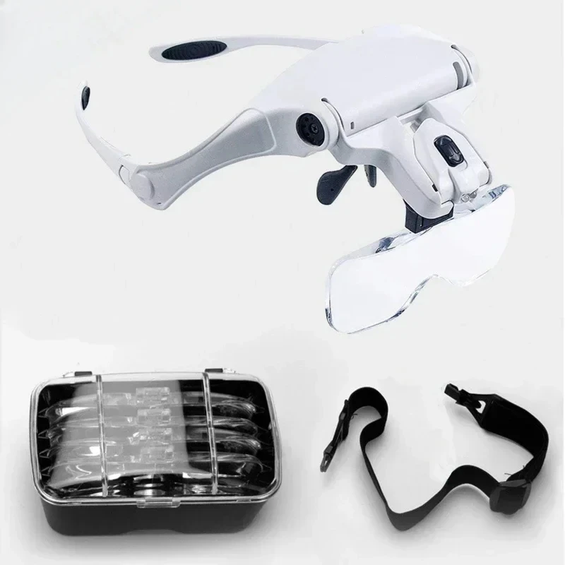 

New Dental Examination Equipment White Head-mounted Magnifier Five Magnification Lenses Double LED Helmet Magnifier Dentist Tool