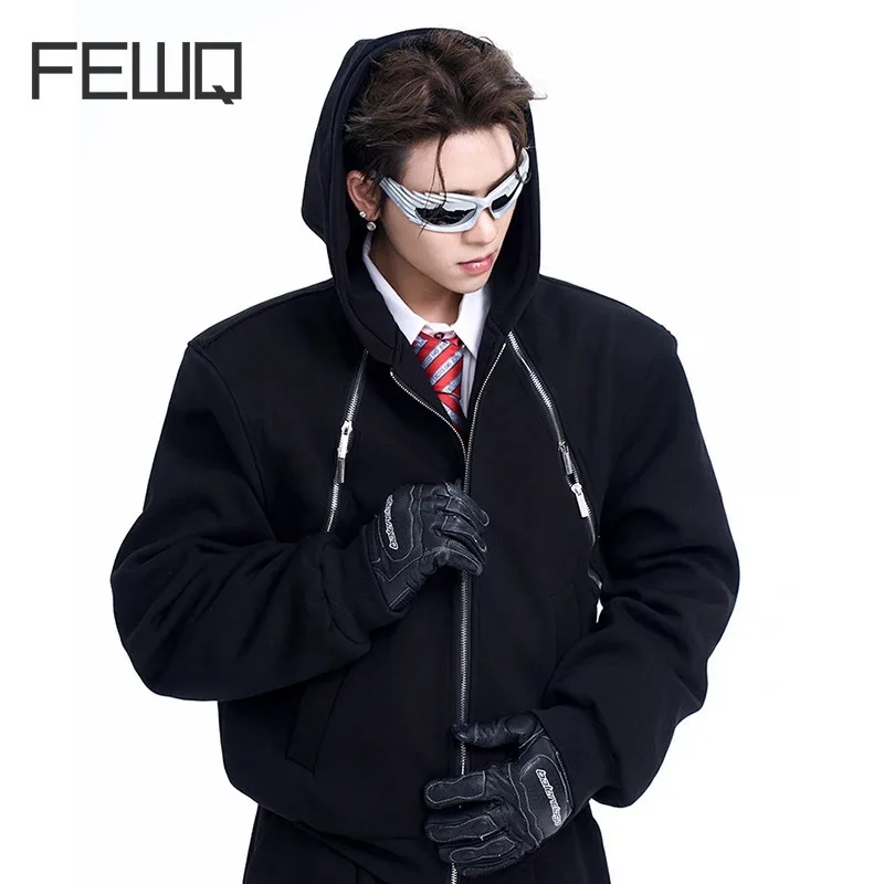 FEWQ Men's Niche Design Zipper Cardigan Sweatshirt Hooded Jacket Autumn Winter Casual 2024 Male Tops New Fashion 24E1903