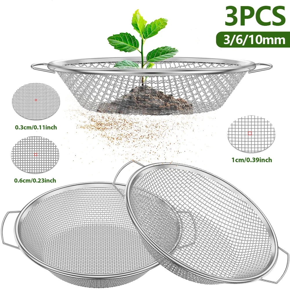 3Pcs Gardening Soil Sifter 3/6/10mm Iron Sawdust Compost Sifter with Handle Garden Planting Tool for Gravel Sawdust Vermicompost