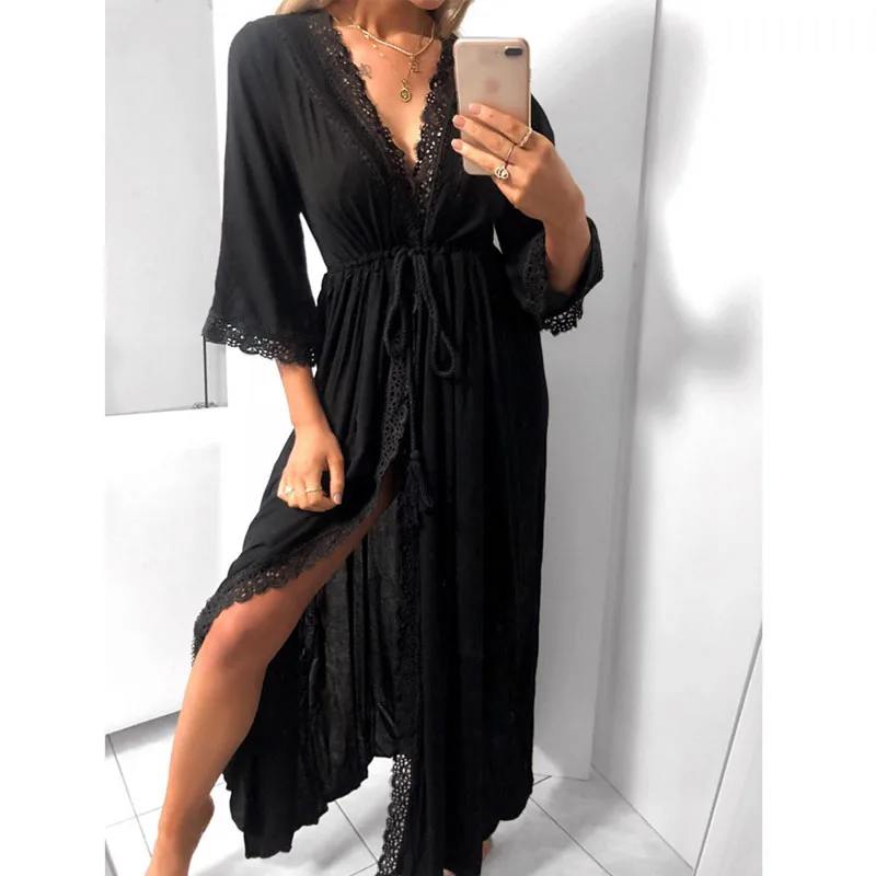Sanderala Womens Long Robe Homewear Soft Hollow Lace Tie Up Waist Slim Casual Long Loose Robedress Maxi V Neck Bathdress Festa