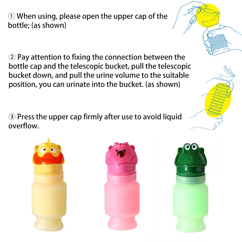 Emergency Urinal Cartoon Shrinkable 600ML Portable Potty Pee Bottle Mobile Emergency Toilet for Road Trip Camping Kids Adult