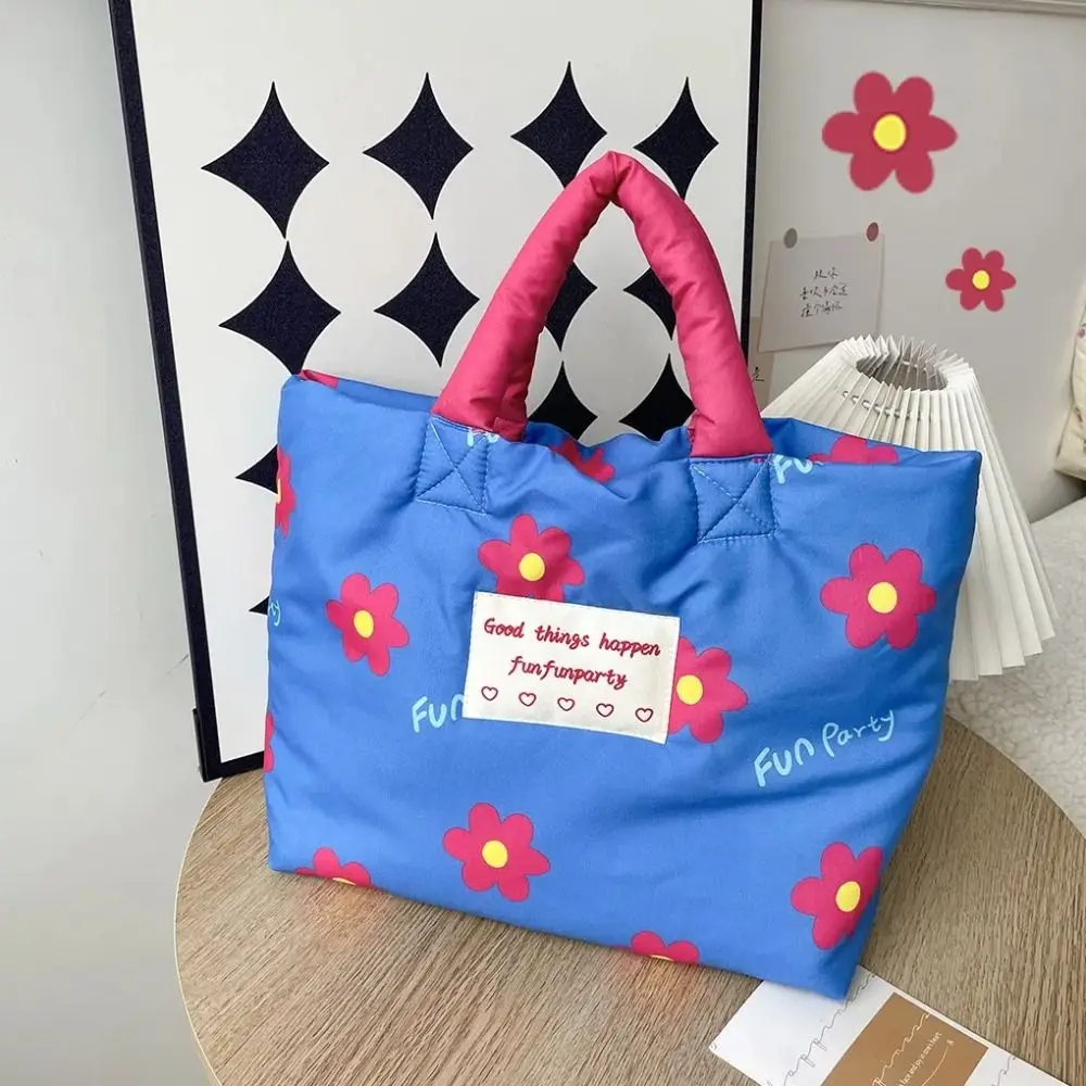

Printed Cartoon Dog Cotton Padded Tote Bag Tulips Flower Mommy Quilte Handbag Portable Large Capacity Flower Shoulder Bag